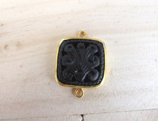 1 Pieces Black Onyx Hand Carved Gold Bezel Connectors, Focal Pendant, Sterling Silver Gemstone Connectors, SKU-CC6