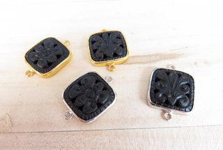 1 Pieces Black Onyx Hand Carved Silver Bezel Connectors, Focal Pendant, Sterling Silver Gemstone Connectors, SKU-CC10