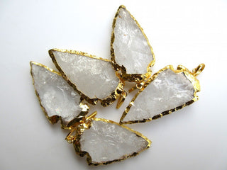 5 Raw Crystal Arrowheads, 5 Pieces, Electroplated with Gold Edge Pendant Connectors, Raw Gemstone Connectors, 28 - 30mm, SKU-AH1