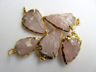 50 Pieces Raw Rose Quartz Arrowheads, Electroplated with Gold Edge Pendant Connectors, Raw Gemstone Connectors, 26 - 31mm, SKU-AH3