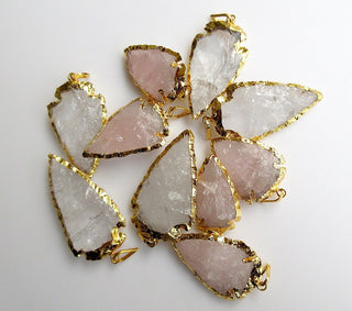 25 Pieces Raw Rose Quartz Arrowheads, Electroplated with Gold Edge Pendant Connectors, Raw Gemstone Connectors, 26 - 31mm, SKU-AH3