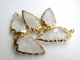 5 Raw Crystal Arrowheads, 5 Pieces, Electroplated with Gold Edge Pendant Connectors, Raw Gemstone Connectors, 28 - 30mm, SKU-AH1