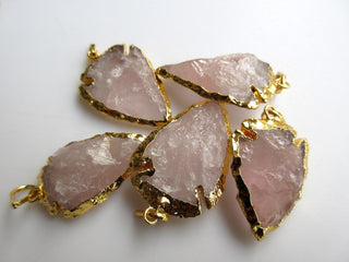 50 Pieces Raw Rose Quartz Arrowheads, Electroplated with Gold Edge Pendant Connectors, Raw Gemstone Connectors, 26 - 31mm, SKU-AH3