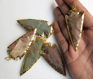 20 pcs Arrowhead Pendant, Jasper Gold Arrowhead Pendant, Electroplated Raw Gemstone Connector Pendant, Huge 60mm, SKU-Ah9578