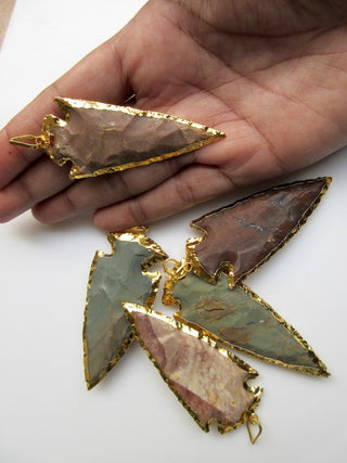 20 pcs Arrowhead Pendant, Jasper Gold Arrowhead Pendant, Electroplated Raw Gemstone Connector Pendant, Huge 60mm, SKU-Ah9578