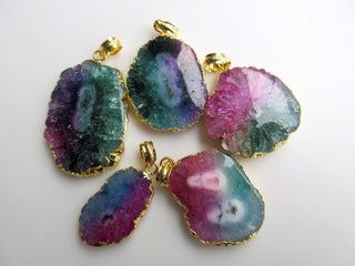 5 Pieces Electroplated Druzy Pendant Connectors, Gold Edged Solar Quartz Pendants, Stalactite Slice Connectors, SKU-AH9509