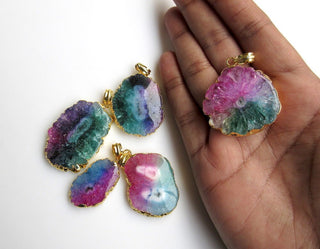 5 Pieces Electroplated Druzy Pendant Connectors, Gold Edged Solar Quartz Pendants, Stalactite Slice Connectors, SKU-AH9509