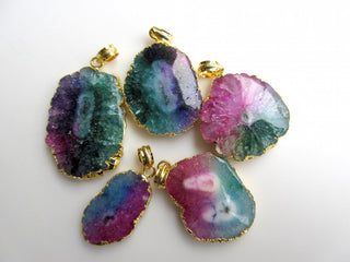 5 Pieces Electroplated Druzy Pendant Connectors, Gold Edged Solar Quartz Pendants, Stalactite Slice Connectors, SKU-AH9509