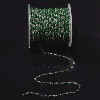 10 Feet Green Jade Emerald Wire Wrapped Rondelle Beads, Rosary Style Beaded Chain, Chain By The Foot, 925 Silver Plated, Rc1