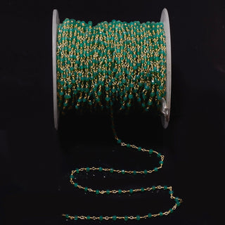 10 Feet Green Onyx Rosary Style Beaded Chain, Wire Wrapped Rondelle Beads, Chain By The Foot, 24KT Gold Plated, Rc13