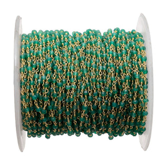 10 Feet Green Onyx Rosary Style Beaded Chain, Wire Wrapped Rondelle Beads, Chain By The Foot, 24KT Gold Plated, Rc13