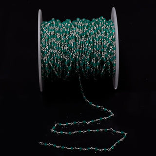 10 Feet Green Onyx Wire Wrapped Rondelle Beads, Chain By The Foot, Rosary Style Beaded Chain, 925 Silver Plated, Rc45