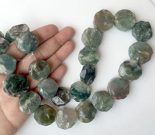 Rough Moss Agate Coin Beads, Natural Hammered Rough Agate Gemstone Beads, 20-22mm Approx, 20 Inch Strand, SKU-Rg17