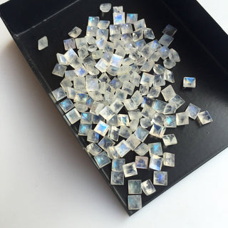 50 Pieces Wholesale Tiny 4mm Each AAA Rainbow Moonstone Faceted Square Shaped Flashy Blue/White Loose Cabochons MS38