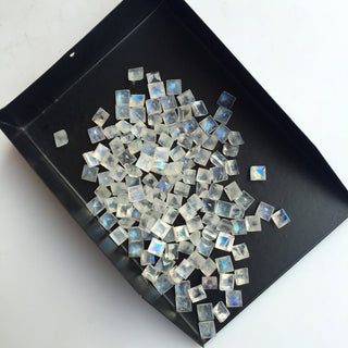 50 Pieces Wholesale Tiny 4mm Each AAA Rainbow Moonstone Faceted Square Shaped Flashy Blue/White Loose Cabochons MS38