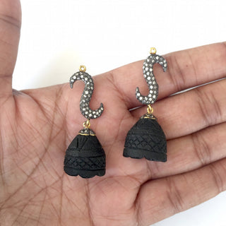 2 Pcs Black Onyx Chandelier Cap Matched Pair CZ Pave Diamond Pendant, Gemstone Carving Connectors, 925 Sterling Silver Pendant, SKU-Cc19