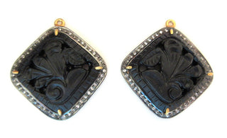 2 Pieces Pave Diamond Oxidised 925 Sterling Silver Black Onyx Hand Carved Pendant, Matched Pairs, Gemstone Connectors, SKU-CC31