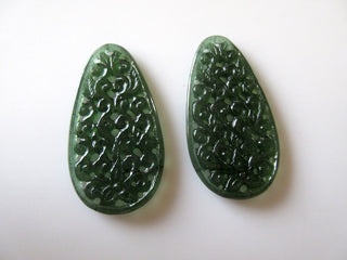 Unique Hand Carved Green Serpentine Gemstone Carving, Filigree Finding, Natural Serpentine Earrings 51x27mm Each, SKU-Tc71