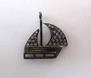 1 Piece Cubic Zirconia Pave Diamond Oxidized Sterling Silver Boat Charm Pendant,  (PD21)