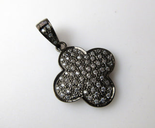 1 Pc Pave Diamond Antique Finish Sterling Silver Clover Charm Pendant With Cubic Zirconia, (PD24)