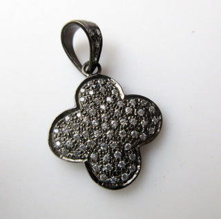 1 Pc Pave Diamond Antique Finish Sterling Silver Clover Charm Pendant With Cubic Zirconia, (PD24)
