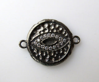 1 Pc Double Bail Evil Eye Cubic Zirconia Pave Diamond Antique Finish Sterling Silver Charm Pendant, (PD25)