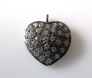 1 Pc CZ Pave Diamond Antique Finish Sterling Silver Heart Charm Pendant, Cubic Zirconia Heart Pendant, (Pd67)