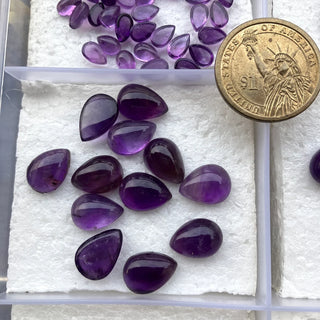 10 Pieces Natural Amethyst Pear Shaped Purple Color Smooth Loose Flat Back Cabochon Choose From 8x5mm/9x6mm/10x7mm/14x10mm/16x10mm, SKU-A7